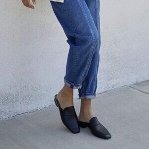 FOWT Women Luxury Leather Mules,Closed Square Toe Loafer, Med Chunky Heel,Black